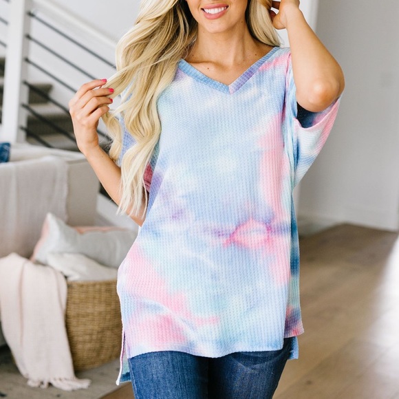 Clouds of Blue & Pink Tie Dye Waffle Knit Top - Picture 3 of 11